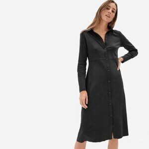 Everlane The Luxe Cotton Long Sleeve Button Up Midi Shirt Dress Black